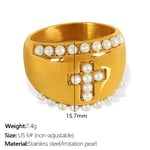 Gold color / 6 / 1 Piece Simple Series Retro Cross Stainless Steel  Gold Color Artificial Pearl Women's Adjustable Rings 